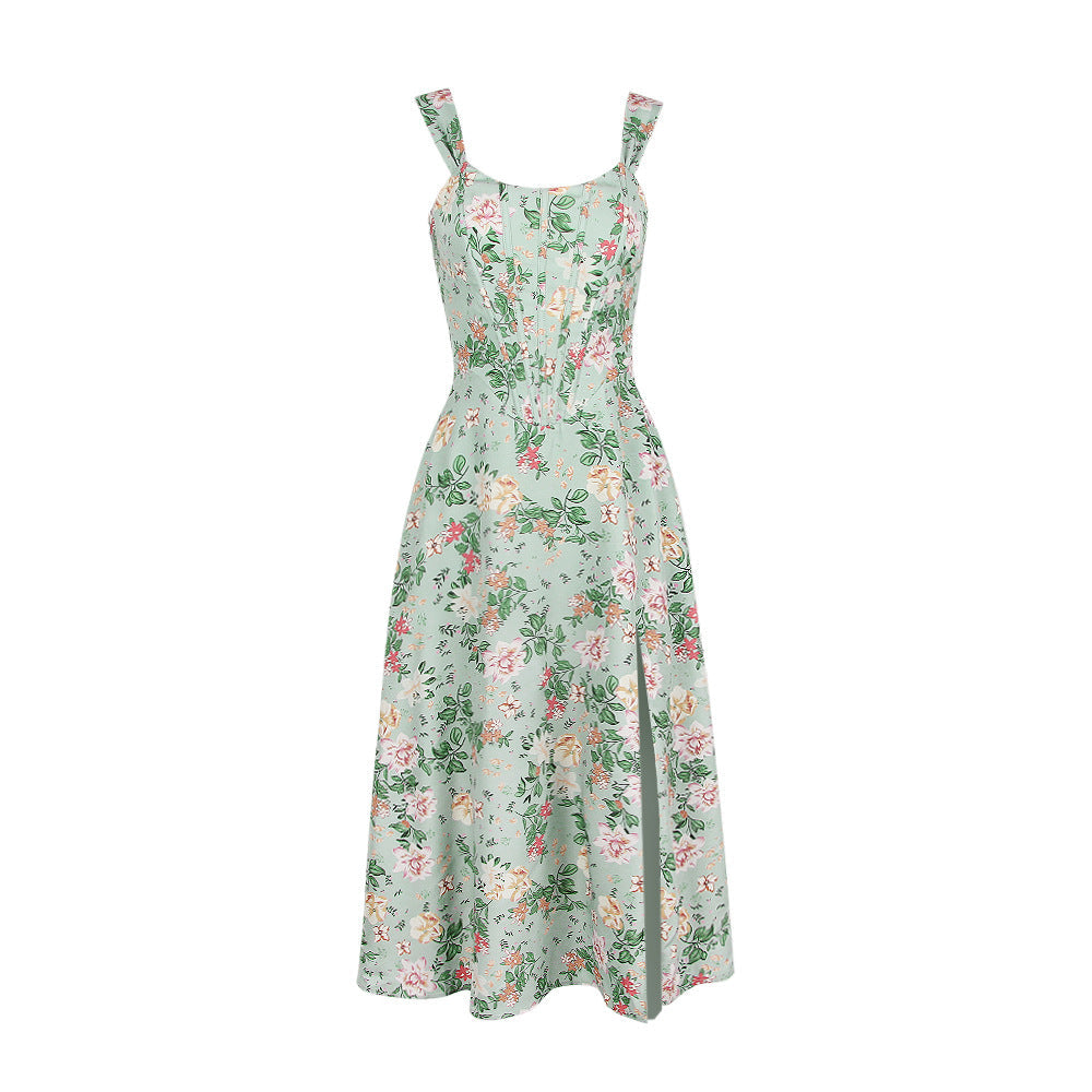 Floral Corset Wide Strap High Split Fit and Flare Midi Dress - View 5