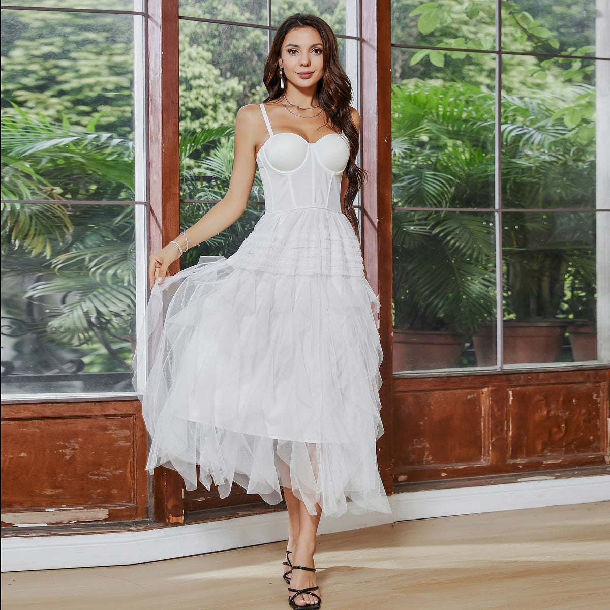 Spaghetti Strap Corset Bustier Tiered Tulle Ruffle Midi Dress