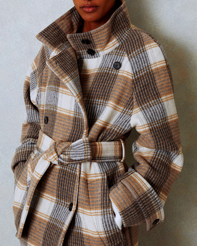 ShoptheCIC Contrast Plaid Woolen Long Coat for Elegance