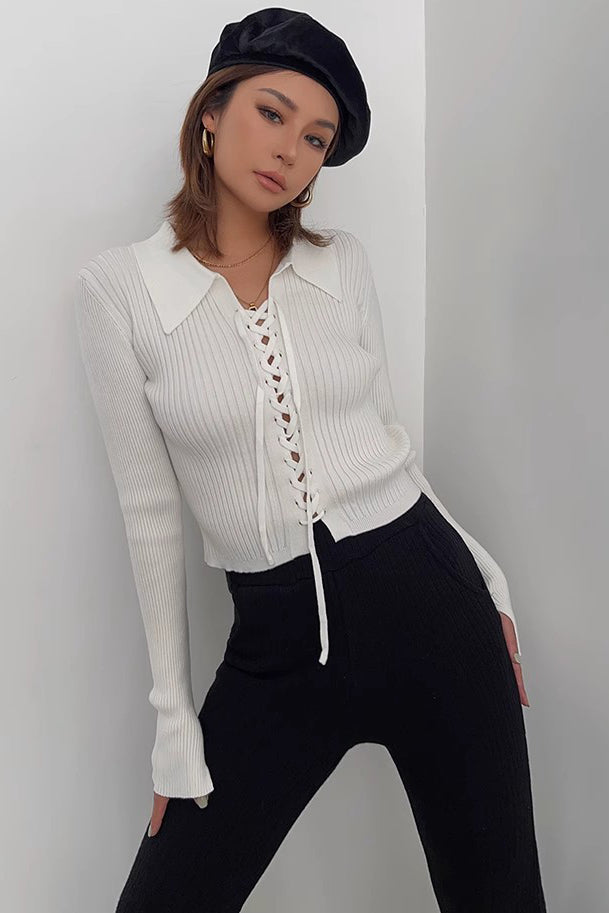 Rib-Knit Lace-Up Sweater Cardigan for Stylish Comfort