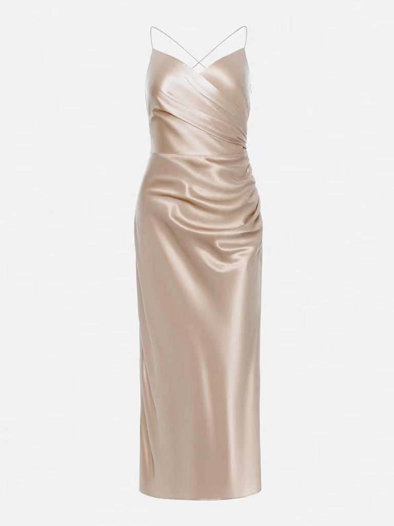 Satin Slit Suspender Mid-Calf Dress - Fashionpara
