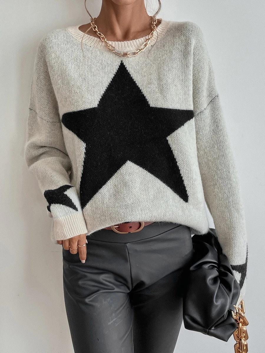 ShoptheCIC Big Stars Crew Neck Sweater for Everyday Style
