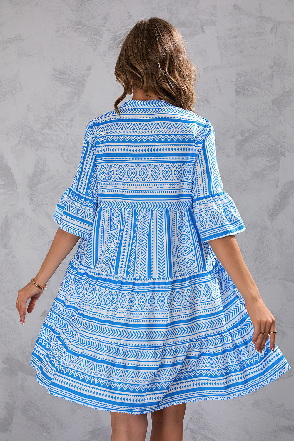 Geometric Print V-Neck Bell Sleeve Tiered Mini Dress