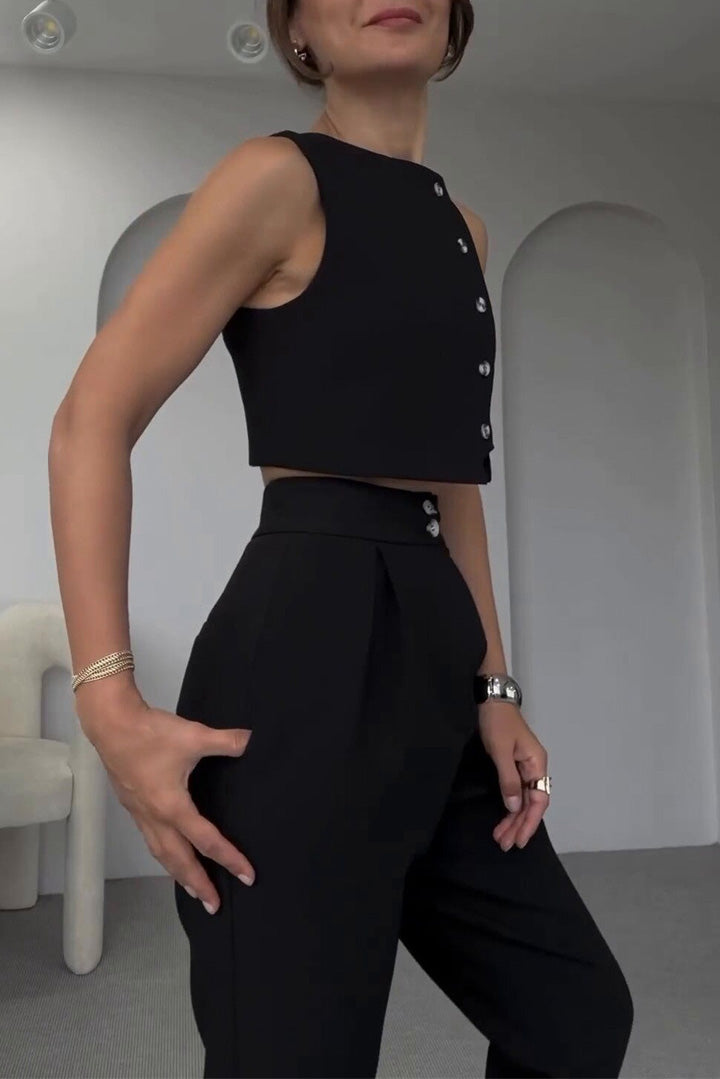 Chic Sleeveless Button-Down Coat with High-Waisted Pants Set