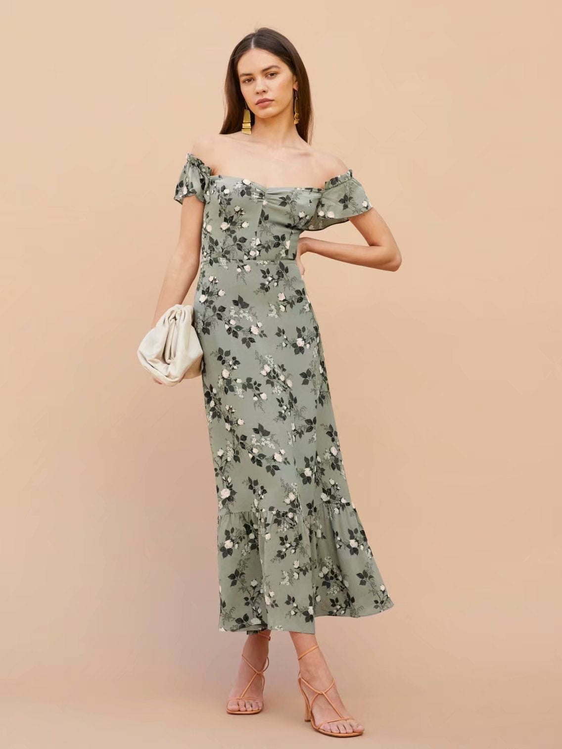 Vintage Ditsy-floral Square Collar Maxi Dress
