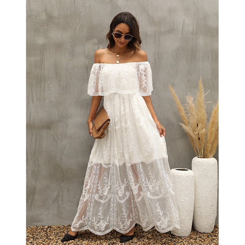 Embroidered Lace Off Shoulder Tiered Maxi Dress
