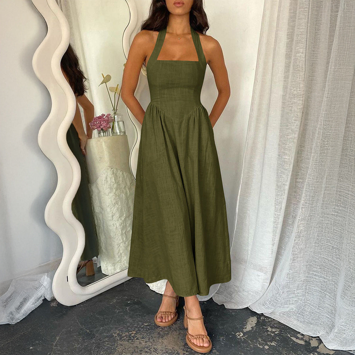Halter Neck Square Neck Sleeveless Tie Back Midi Dress 13