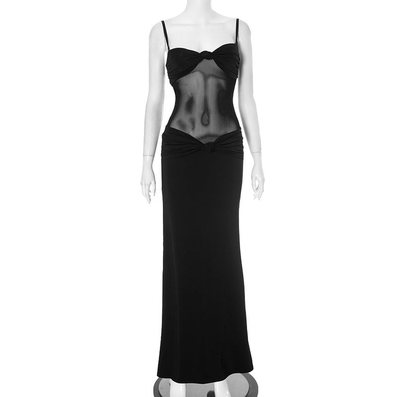 Strapless Sweetheart Mesh Midriff Cut Out Knot Bodycon Maxi Dress - View 6