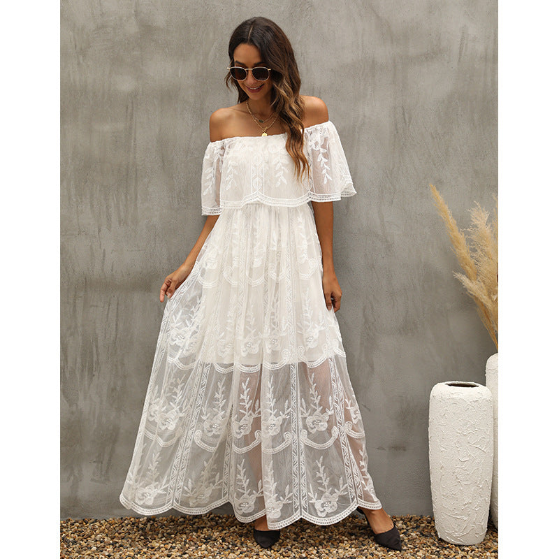 Embroidered Lace Off Shoulder Tiered Maxi Dress