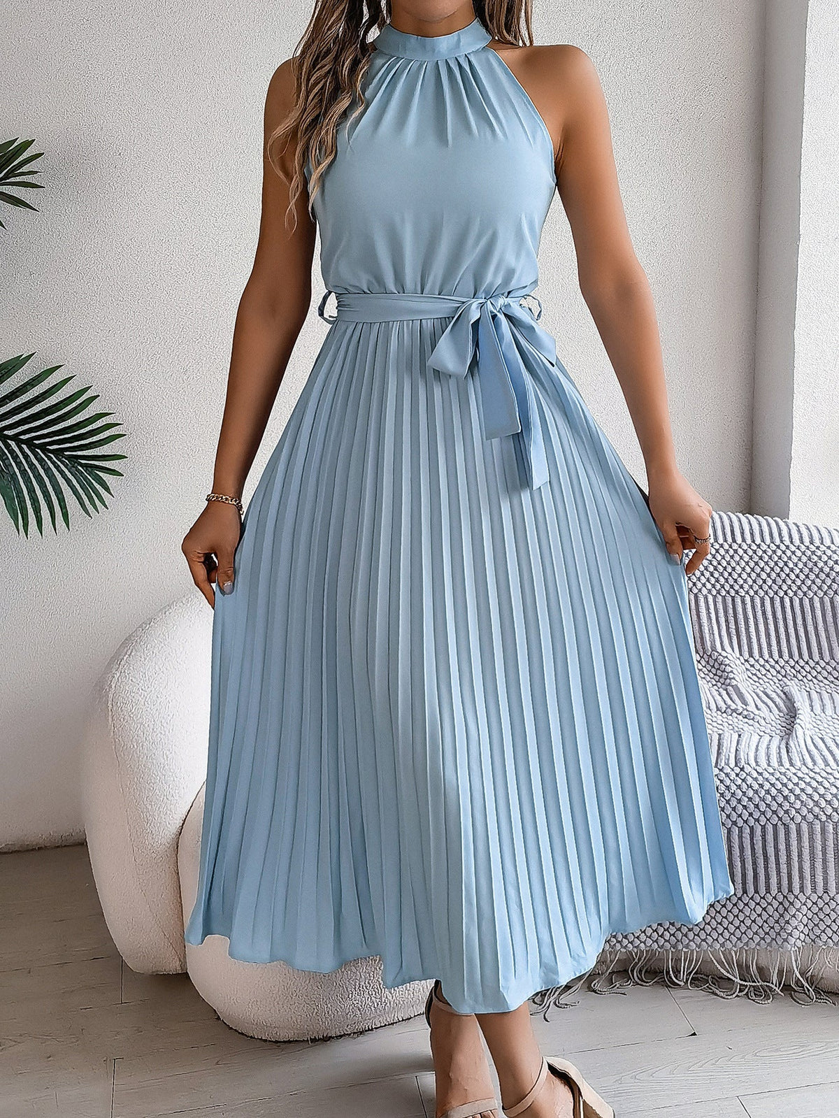 Halter Neck Sleeveless Belted Pleated Midi Dress 5