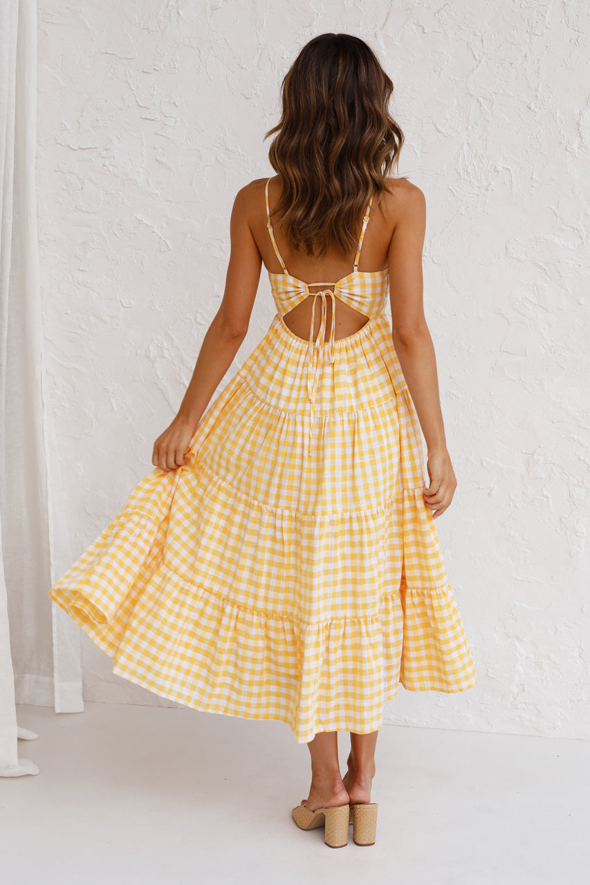Gingham Square Neck Strappy Tiered Midi Dress