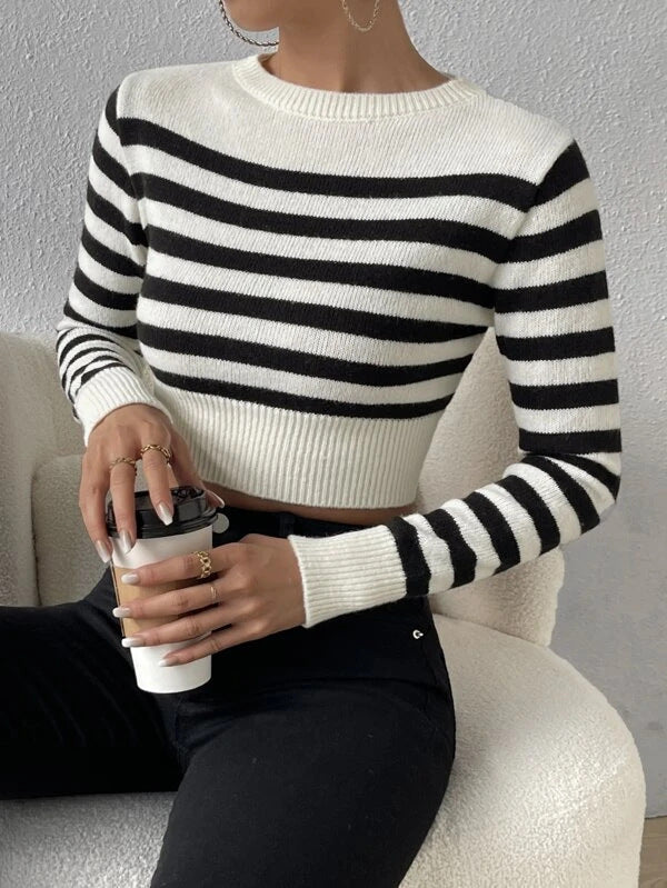 Chic Striped Cropped Crewneck Knit Sweater for Stylish Comfort