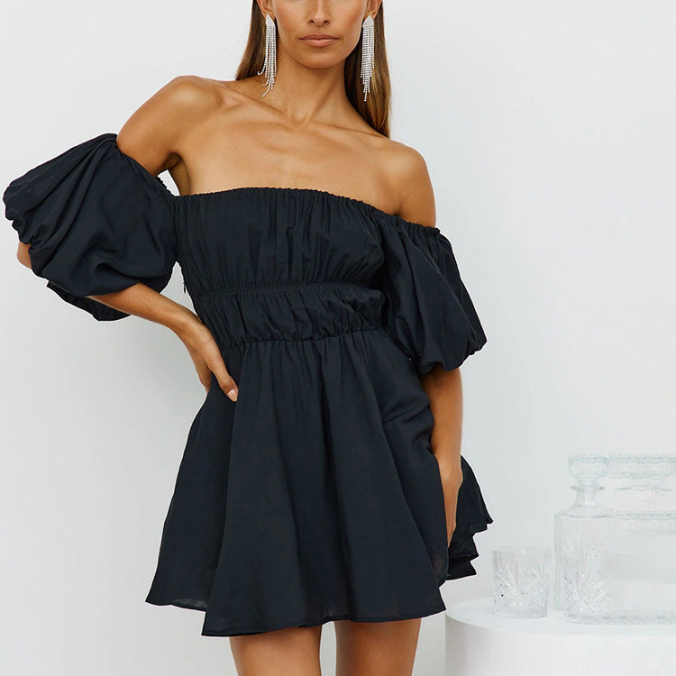 Tess Off The Shoulder Puff Sleeve Dress - Black - Fashionpara