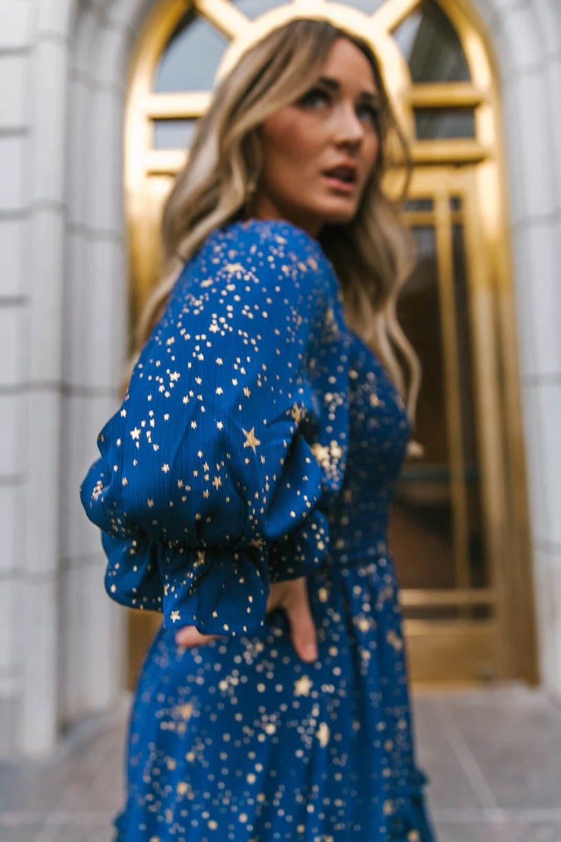 Star Print Square Neck Puff Sleeve Tiered Midi Dress