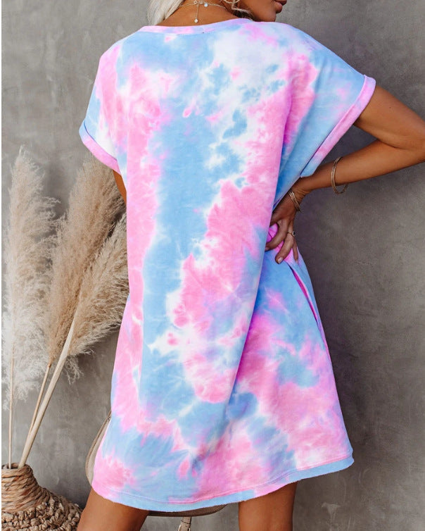 Tie-Dye Crew Neck Short Sleeve Pocket Shift Mini Dress