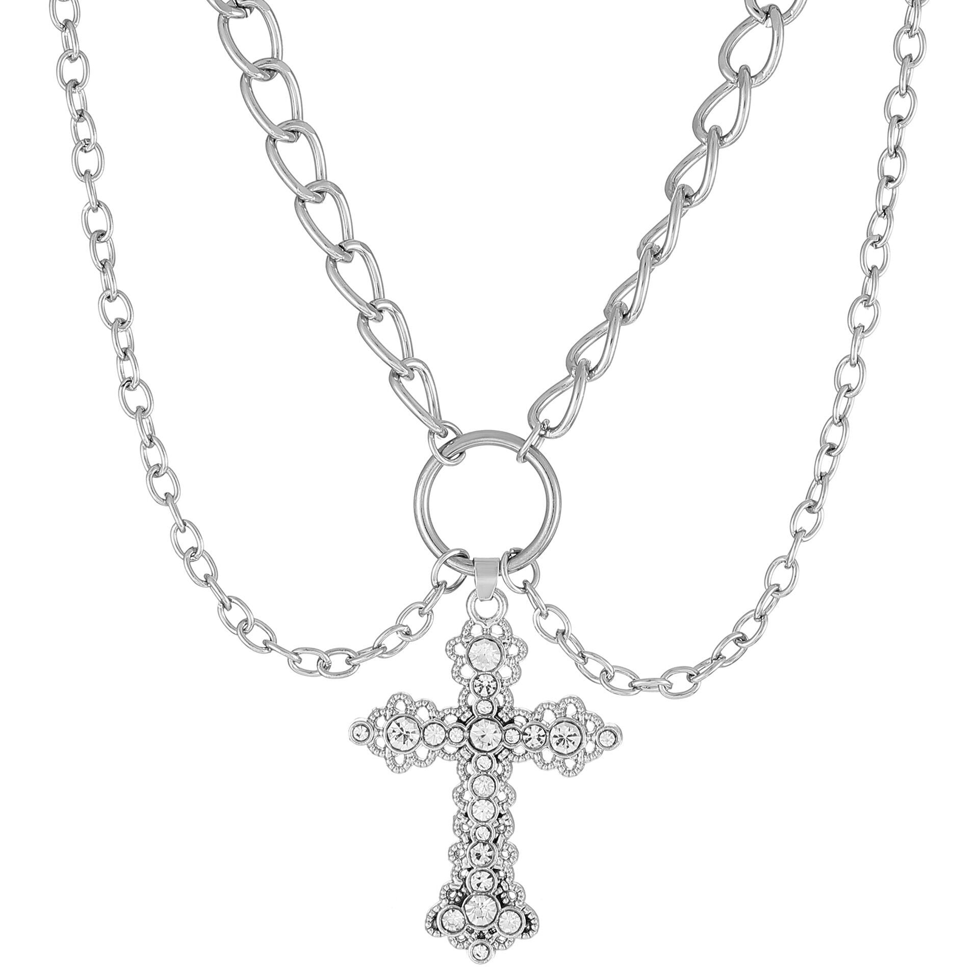 Ins Alloy Vintage Diamond Cross Pendant Necklace Silver Halloween
