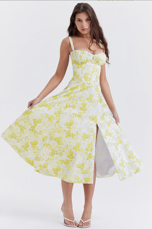 Floral Sweetheart Neck Corset High Split Midi Dress 13