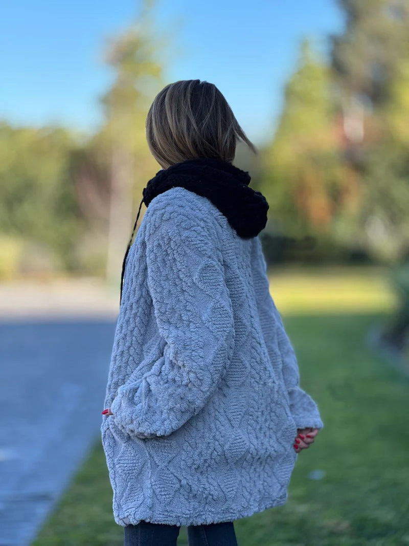 Mid-Length Vintage Hooded Fur Zip-Up Knitted Coat for Comfort