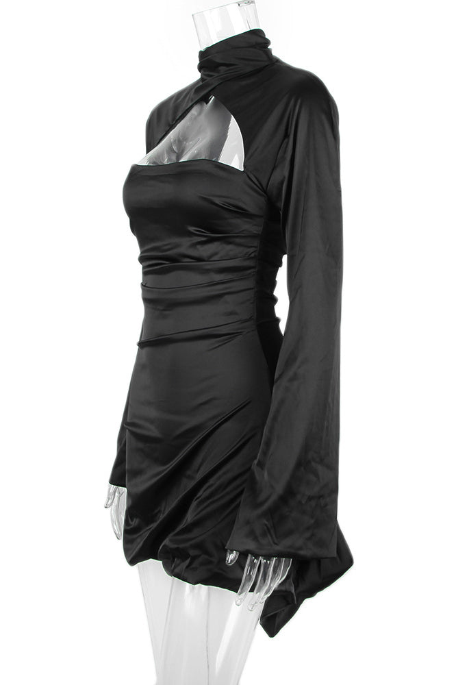 Satin Cowl Neck Long Sleeve Cut Out Ruched Bodycon Dress - View 6