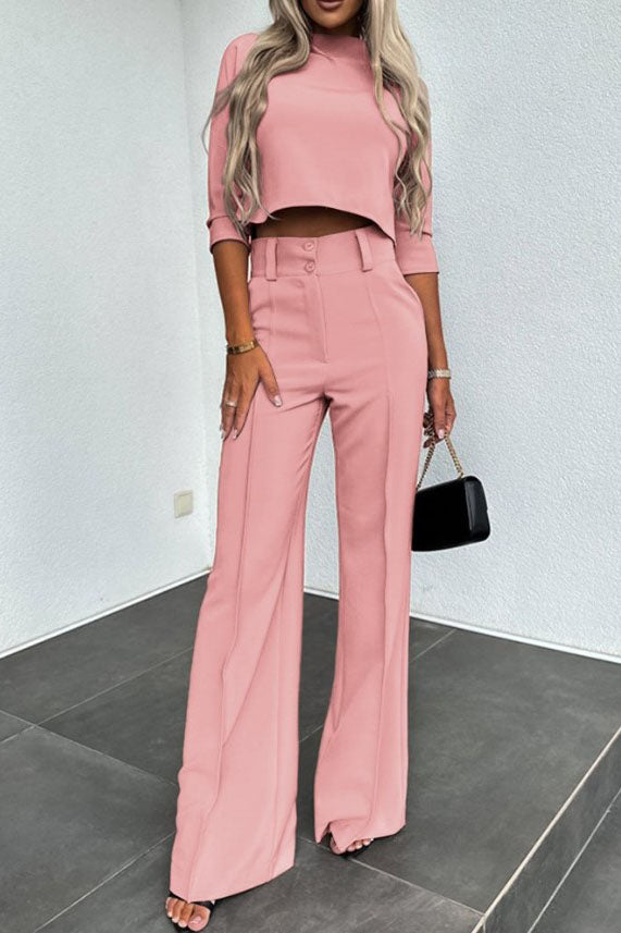 Business Casual Mid-Sleeve Pullover Wide-Leg Pants Set