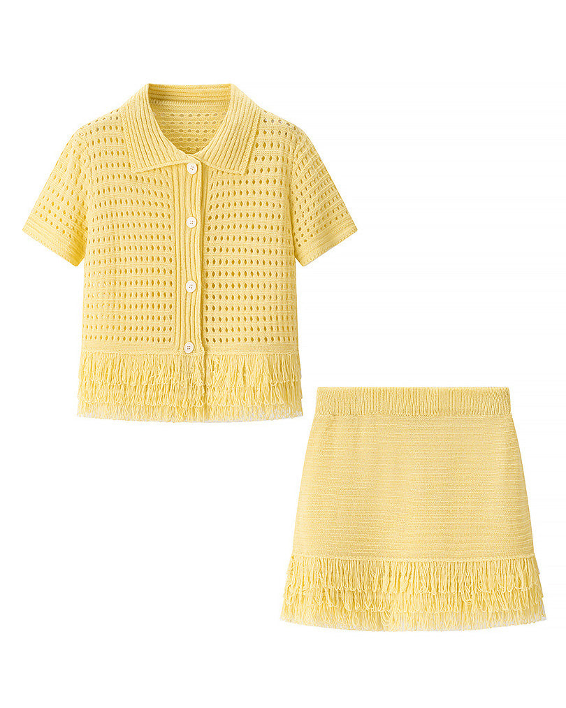 Chic Tassel Knit Coat and High-Waisted Miniskirt Set