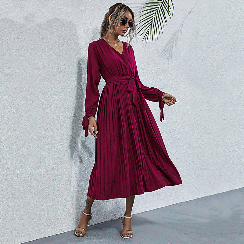 Pleated V-Neck Long Sleeve Wrap Midi Dress