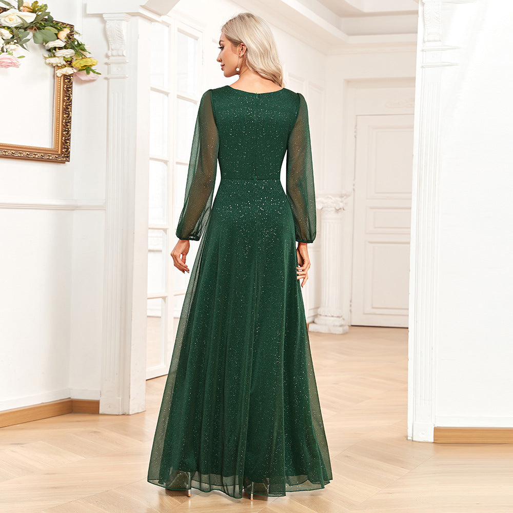 Glitter V-Neck Long Sleeve A-Line Chiffon Maxi Dress - View 5