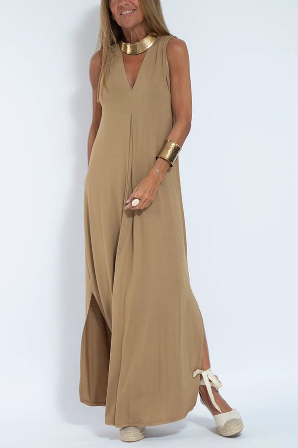 Sleeveless V-neck Elegant Long Dress with Matching Cardigan