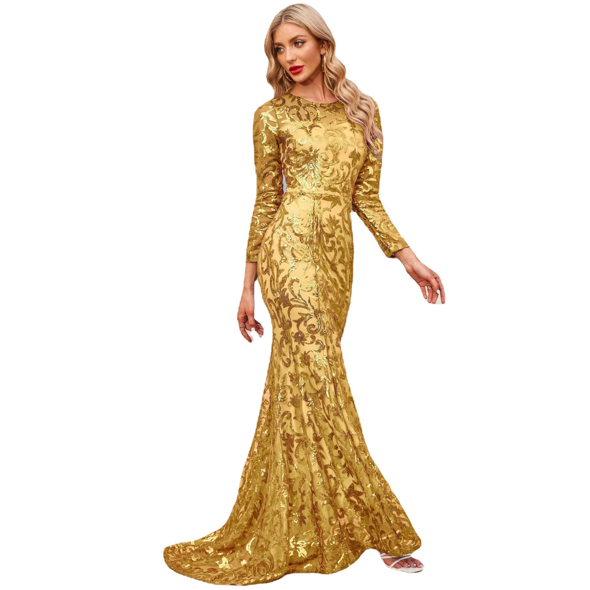 Sequined Dress Purple Crew-Neck Long Evening Dress Long Sleeve Dress - Fashionpara