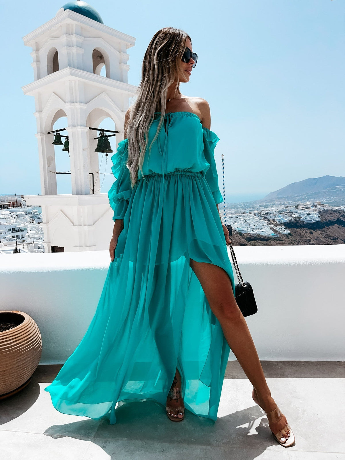Off Shoulder Puff Sleeve Chiffon Maxi Dress 3