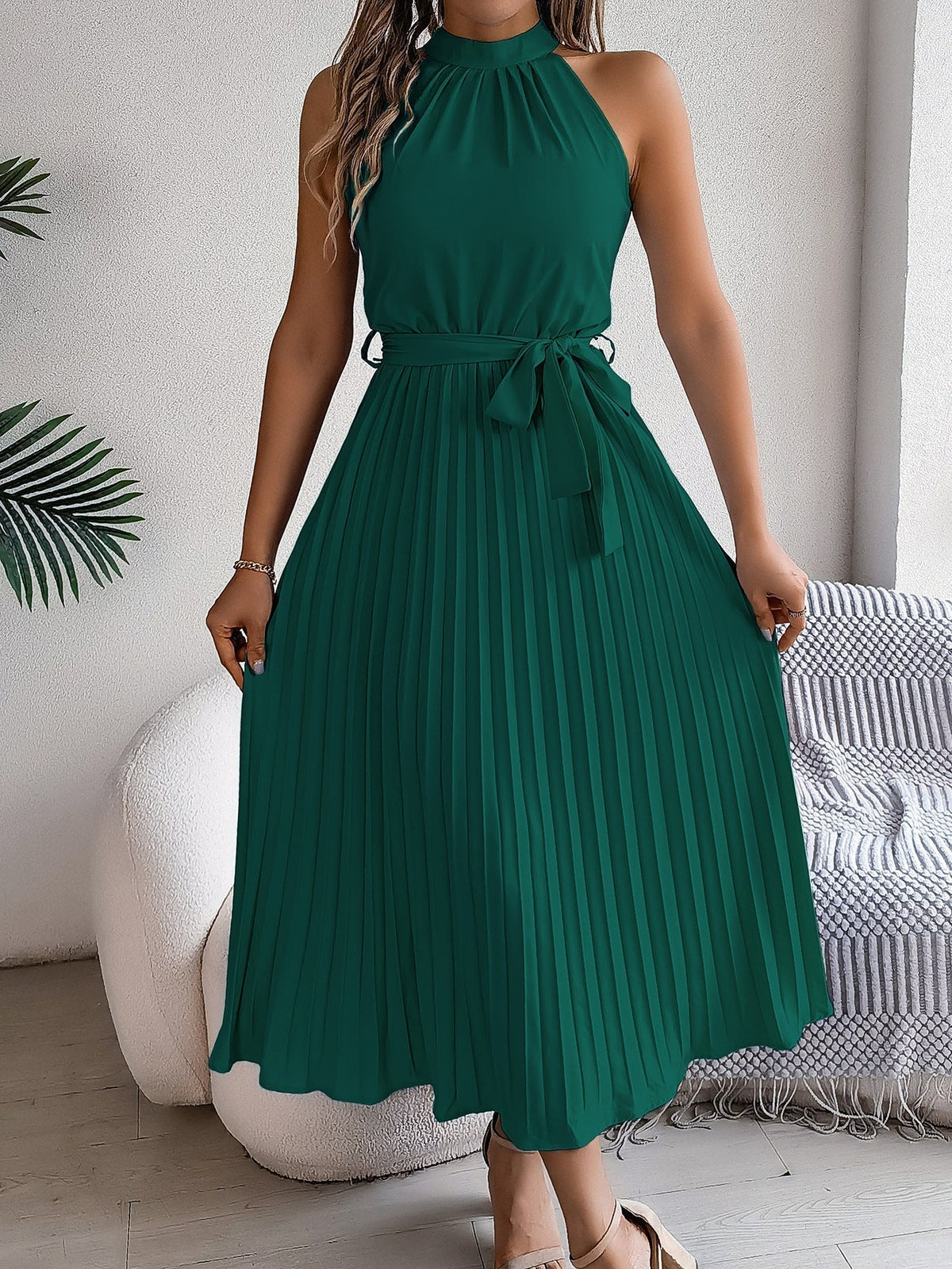 Halter Neck Sleeveless Belted Pleated Midi Dress 4