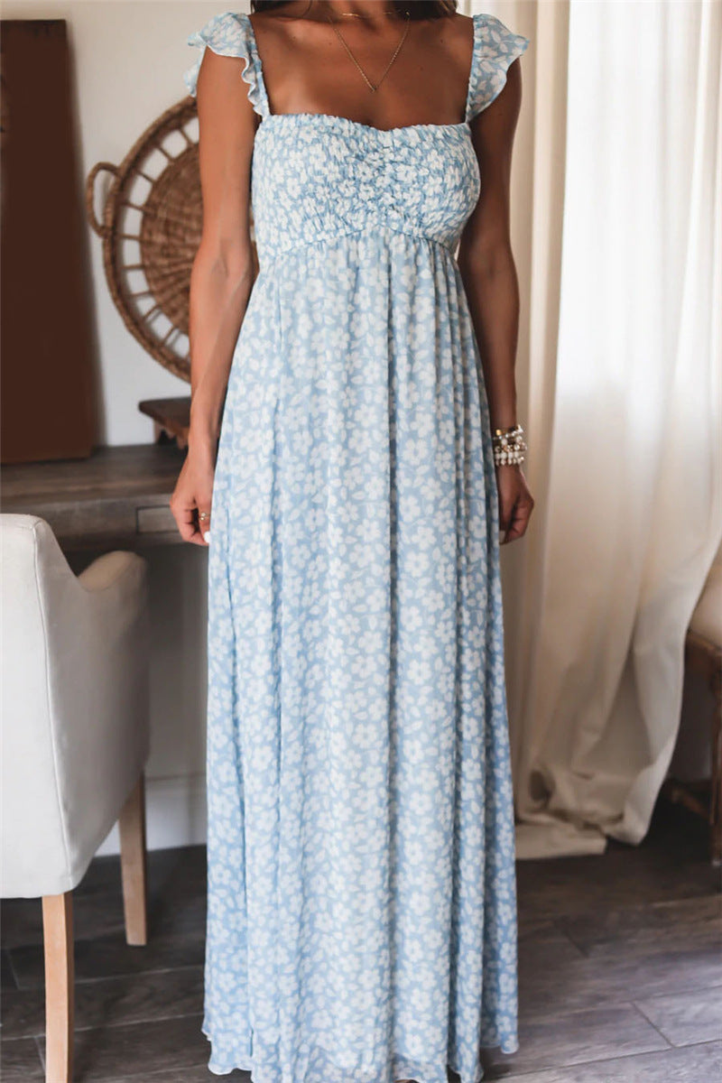 Floral Print Off Shoulder Smocked Empire Maxi Dress