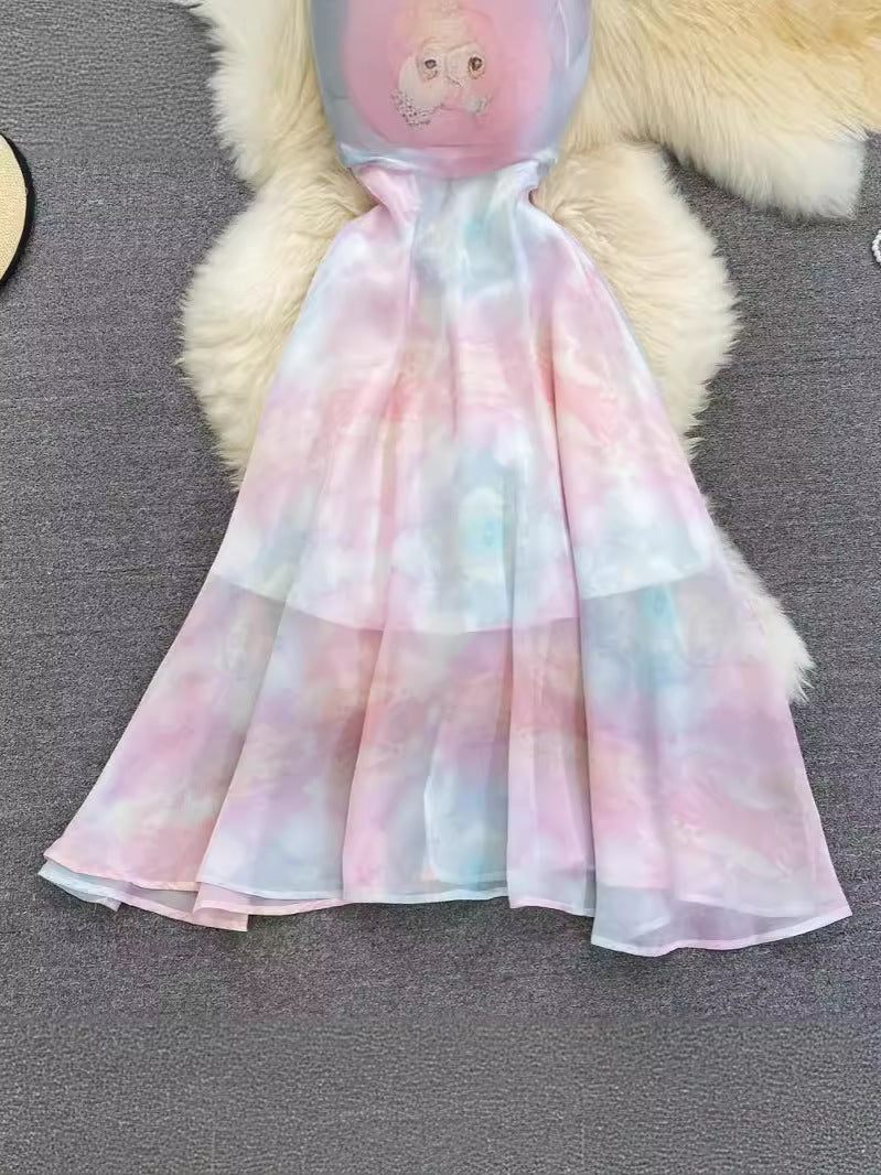Elegant Print Lady Spaghetti Strap Vacation Party Long Dress