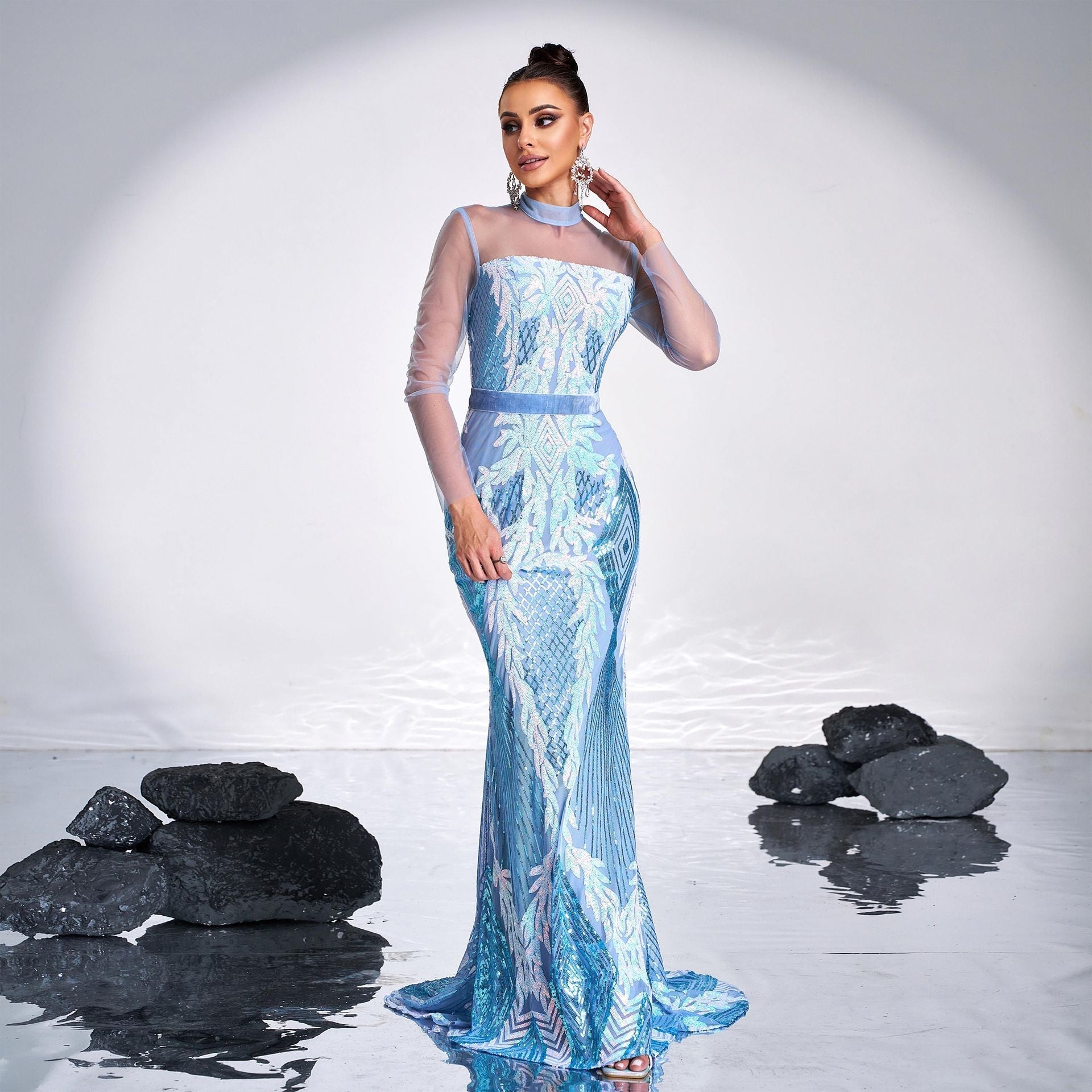 High End Long Sleeve Crew Neck Mesh Sequ Cocktail Long Evening - Fashionpara