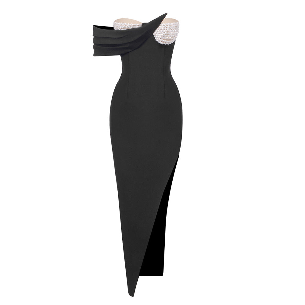 Strapless Pearl Trim Asymmetric Drape High Split Bodycon Maxi Gown - View 2