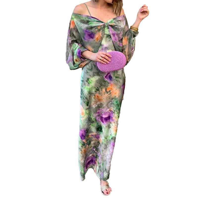 One-Shoulder Tie-Dye Print Suspender Cape Dress