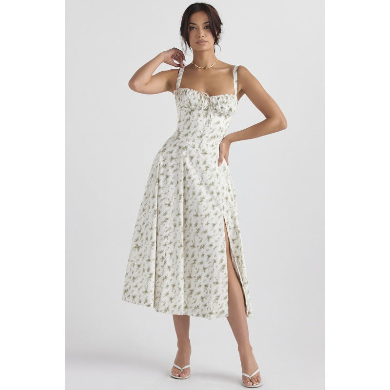 Floral Sweetheart Neck Corset High Split Midi Dress 5