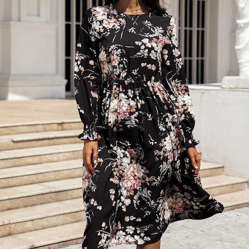 Floral Print Round Neck Long Sleeve Tiered Midi Dress