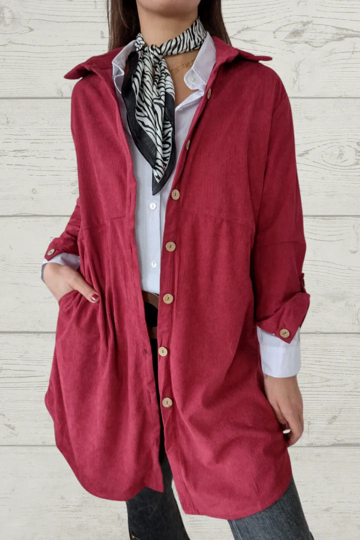 Lapel Pocket Corduroy Mid-Length Coat for Sophisticated Style