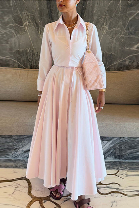 Light pink blouse and long skirt two-piece suit