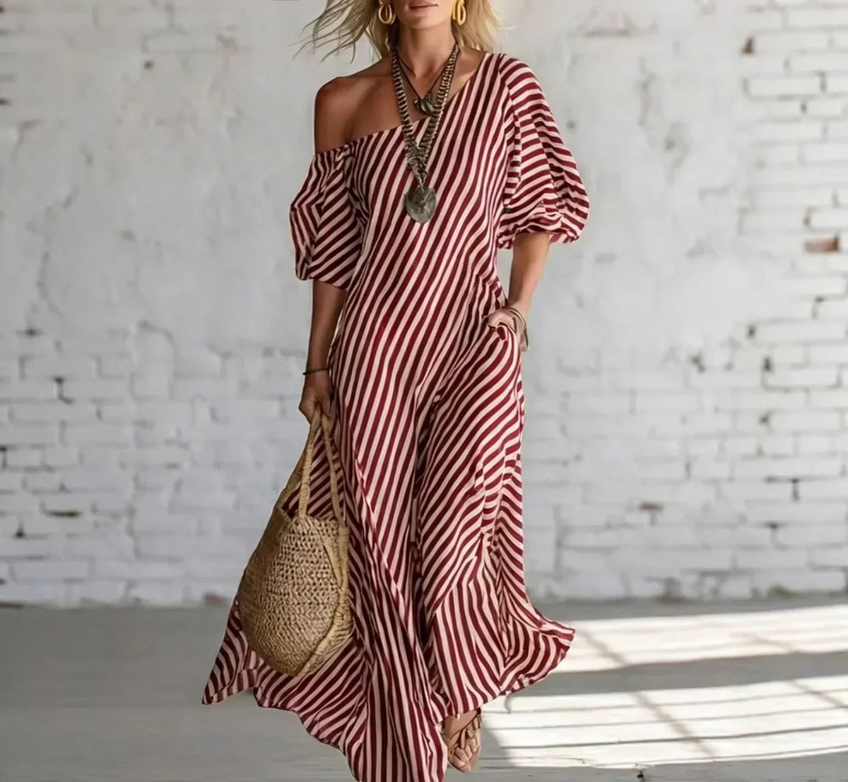 Striped One Shoulder Puff Sleeve Maxi Dress 5