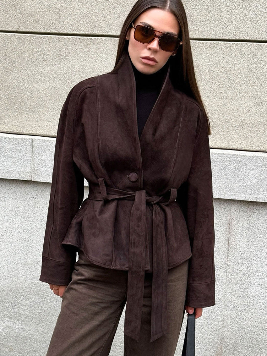 Chic Vintage Suede Long-Sleeved Nubuck Coat Jacket