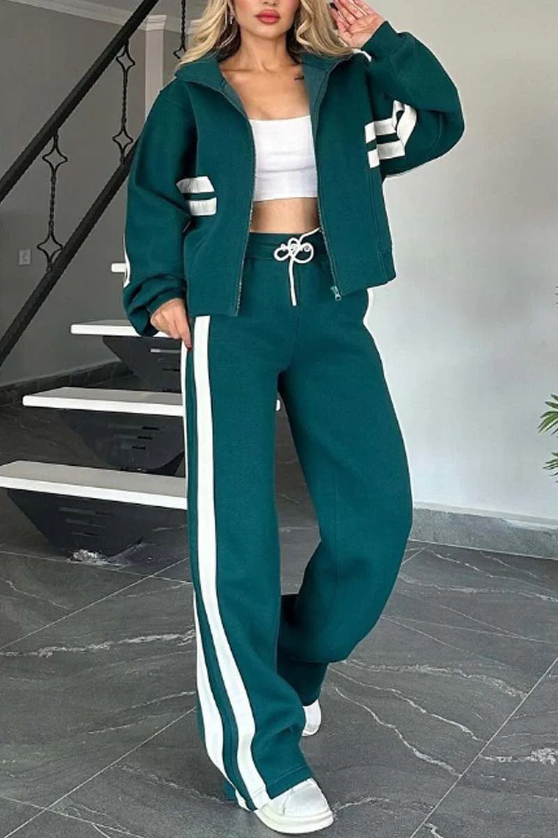 Y2K Striped Zip-Up Cropped Jacket and Pants Set for Style