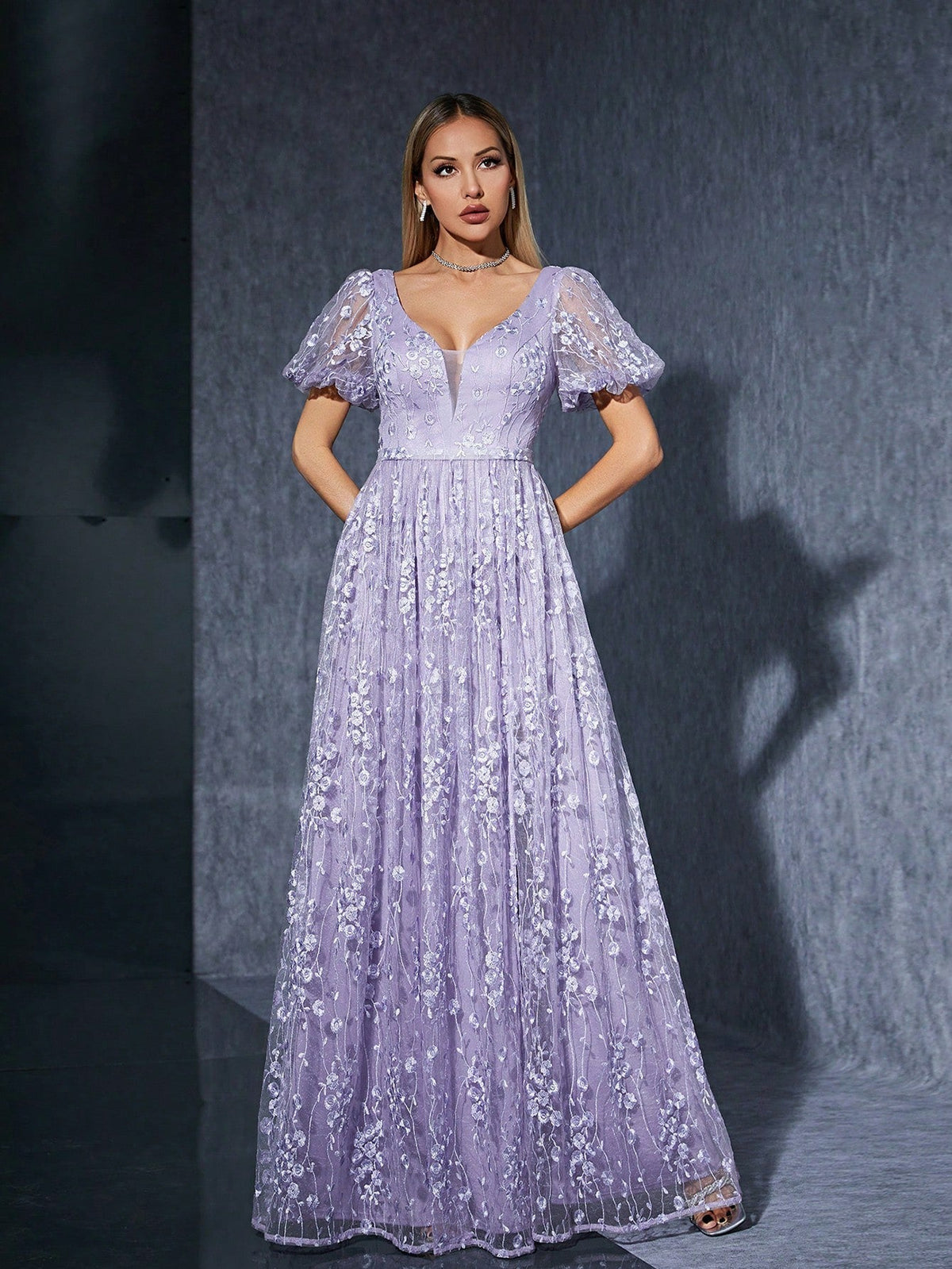 Floral Embroidered V-Neck Puff Sleeve High Split A-Line Maxi Dress - View 2