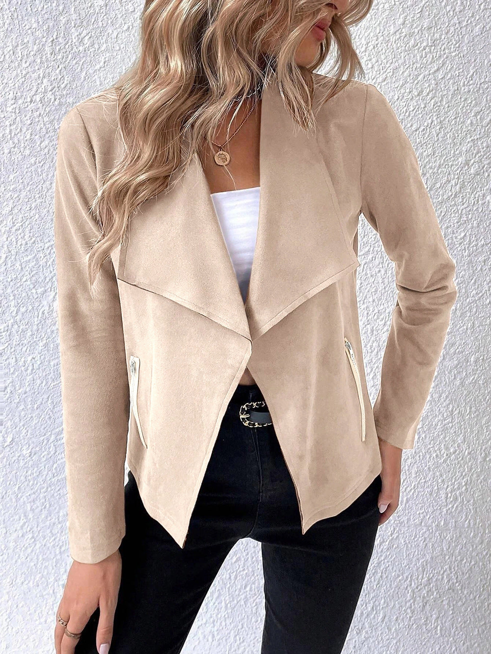 Chic Suede Collar Cropped Long Sleeve Jacket for Stylish Layers