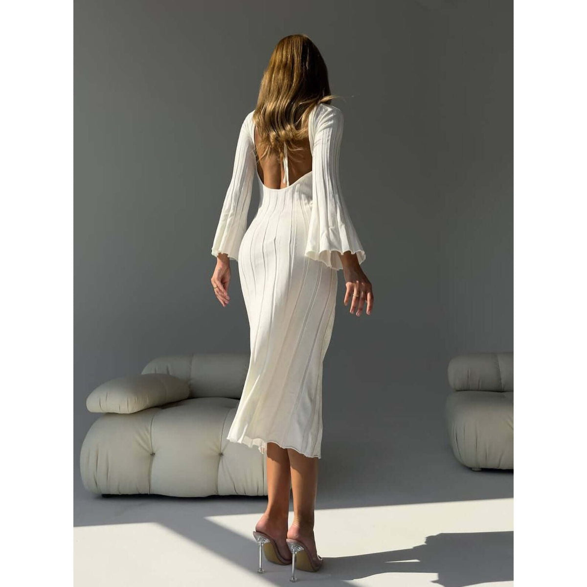 Pleated Round Neck Flare Sleeve Bodycon Midi Dress
