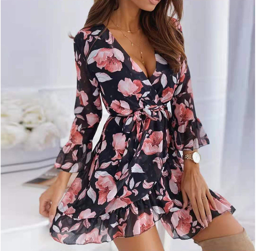 Floral Print V-Neck Long Sleeve Ruffle Wrap Mini Dress