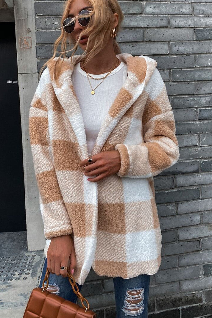 Double-Sided Hooded Plaid Cardigan Jacket for Cozy Style