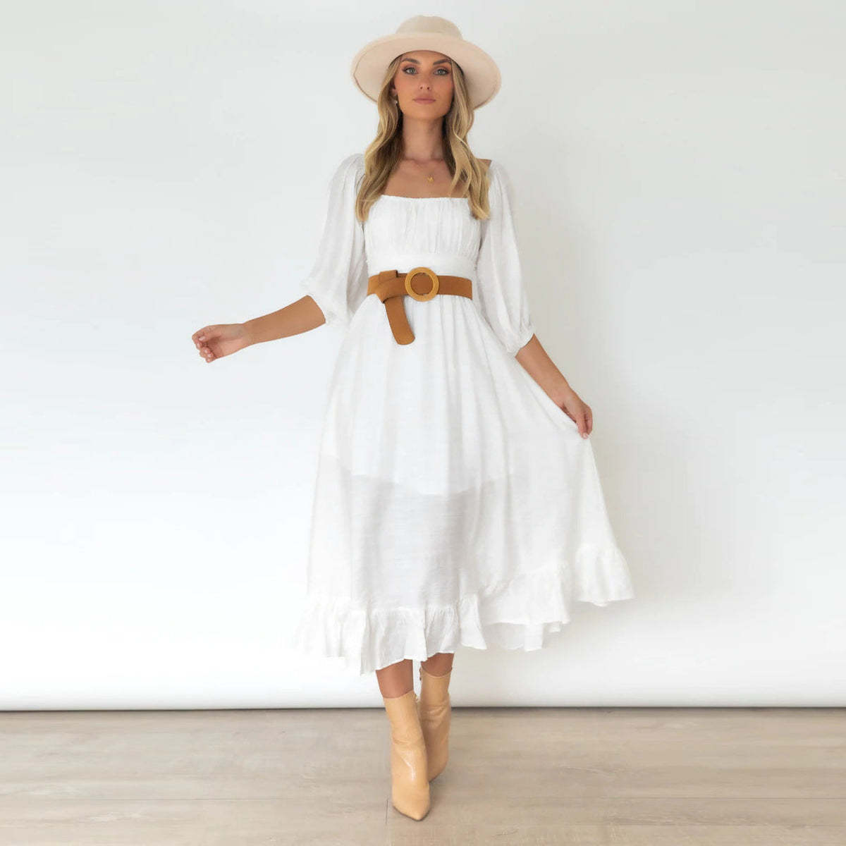 Square Neck Puff Sleeve Empire Waist Midi Dress