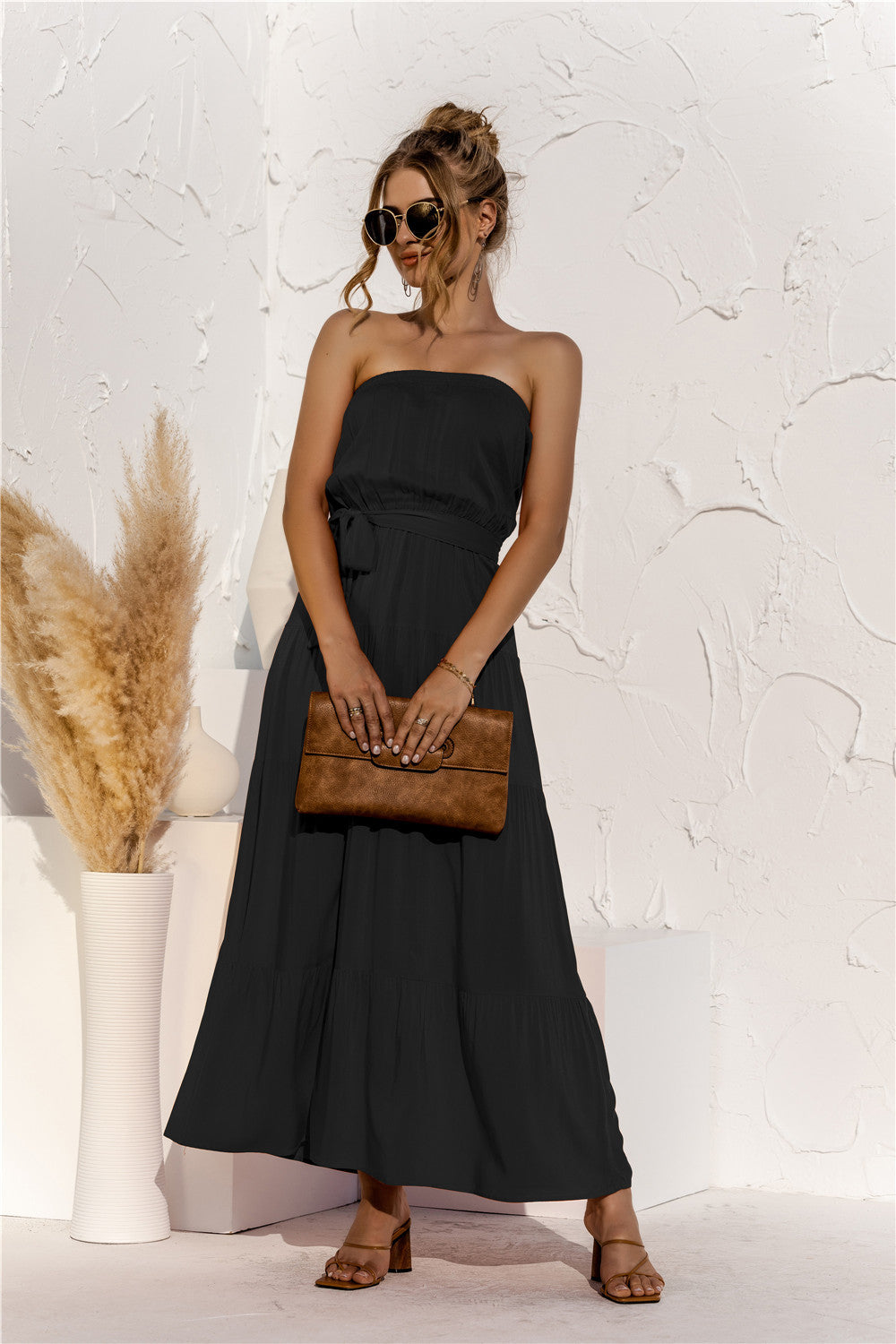 Strapless Tie Waist Tiered Maxi Dress